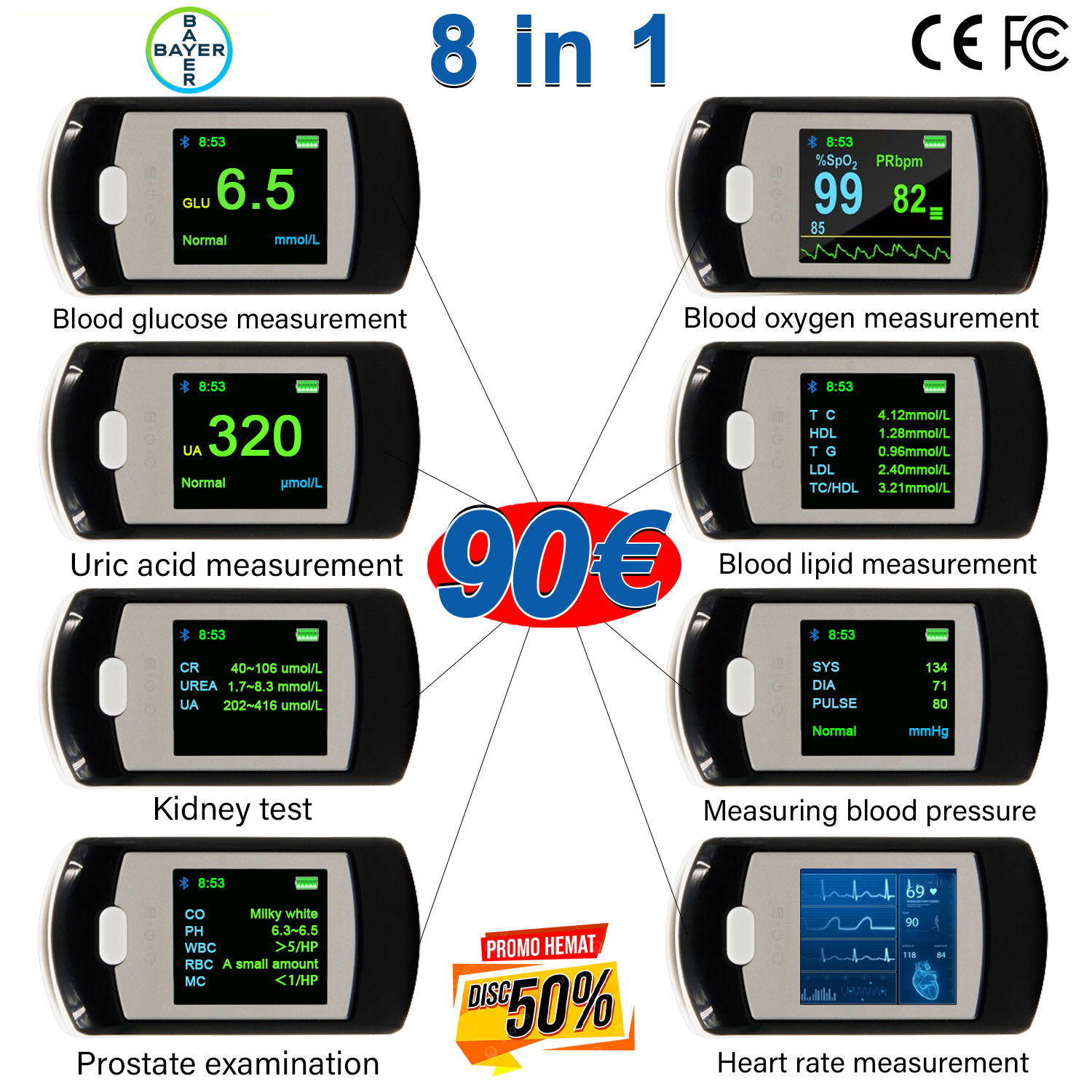 T04 (misurazione non invasiva della glicemia + misurazione non invasiva dell'ossigeno nel sangue + misurazione non invasiva dell'acido urico + misurazione non invasiva della frequenza cardiaca + misurazione non invasiva della pressione arteriosa + esame cardiopolmonare + esame dei reni + esame della prostata + trattamento laser della glicemia + connessione Bluetooth + connessione al computer)